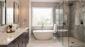 A luxurious bathroom in New Westminster, BC, featuring a freestanding bathtub in front of a large window, a glass-enclosed rain shower, and a double vanity with marble countertops.