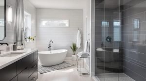 A contemporary bathroom in New Westminster, BC, featuring a freestanding bathtub, a glass-enclosed shower with dark tiles, and a modern vanity with a sleek design.