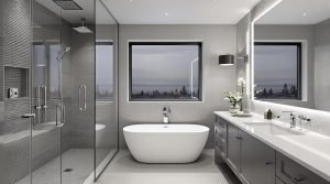 modern bathroom renovation vancouver gray tones spacious | GPS: 49.339214, -123.038301