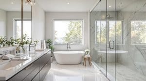 modern bathroom renovation vancouver with glass shower and tub | GPS: 49.413405, -122.924492