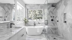 modern bathroom renovation vancouver with grey tiles