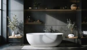 modern bathroom renovation vancouver with tub and plants | GPS: 49.454173, -122.861953