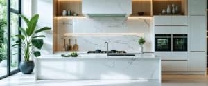 modern bright kitchen remodeling with marble countertops