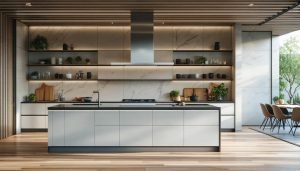 modern kitchen remodeling with open shelves and island