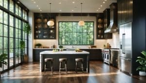modern kitchen renovations with large windows and island