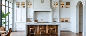 modern white kitchen renovations with island and stools